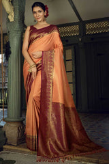 Peach Art Silk Woven Saree