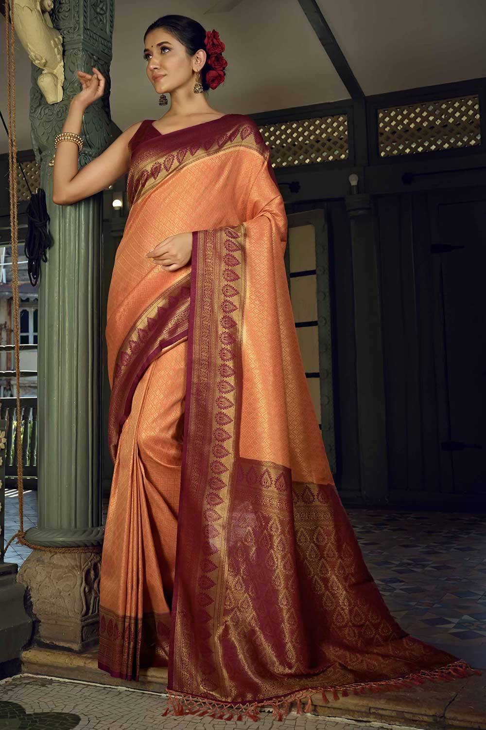 Peach Art Silk Woven Saree