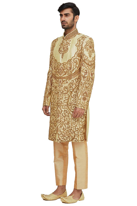 Men's Gold Silk Embroidered Full Sleeve Sherwani Set
