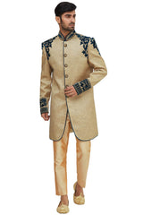 Men's Beige Suiting Embroidered Full Sleeve Sherwani Set