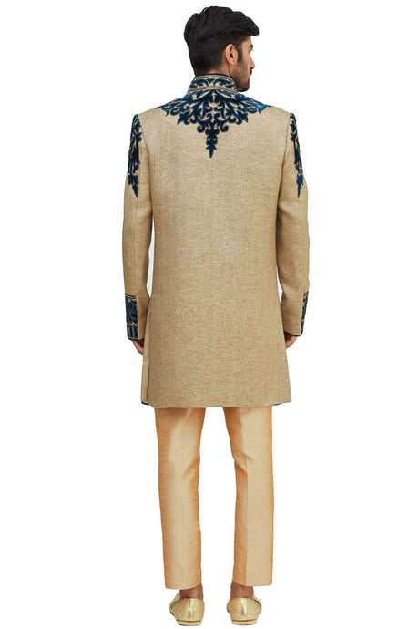 Men's Beige Suiting Embroidered Full Sleeve Sherwani Set