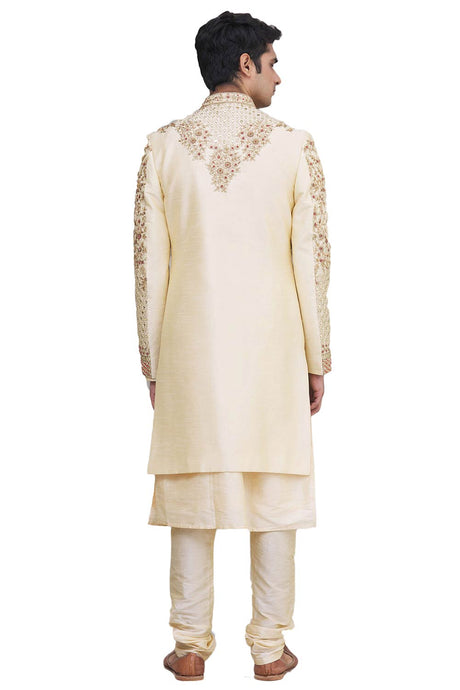 Men's Cream Silk Embroidered Full Sleeve Sherwani Set