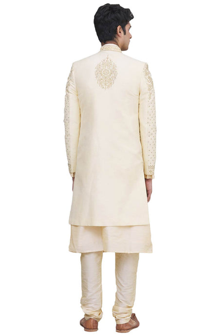 Men's Cream Silk Embroidered Full Sleeve Sherwani Set