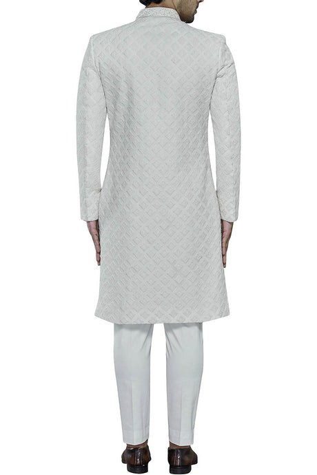 Men's White Silk Brocade Embroidered Full Sleeve Sherwani Set