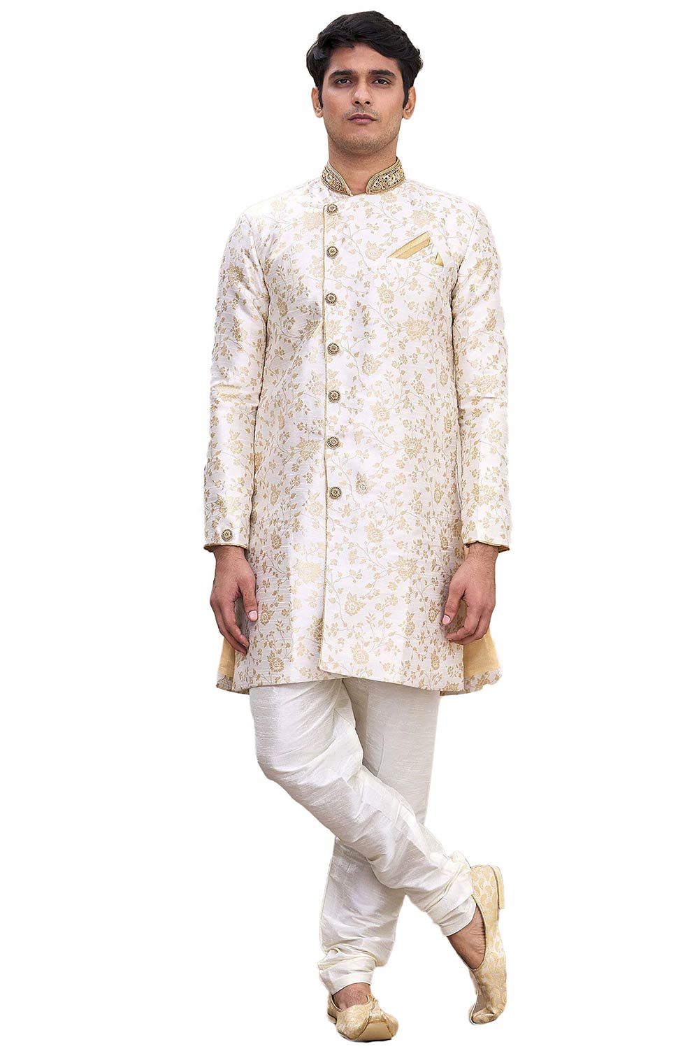 Men's Fawn Silk Brocade Embroidered Full Sleeve Sherwani Set