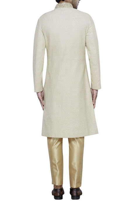 Men's Cream Suiting Embroidered Full Sleeve Sherwani Set