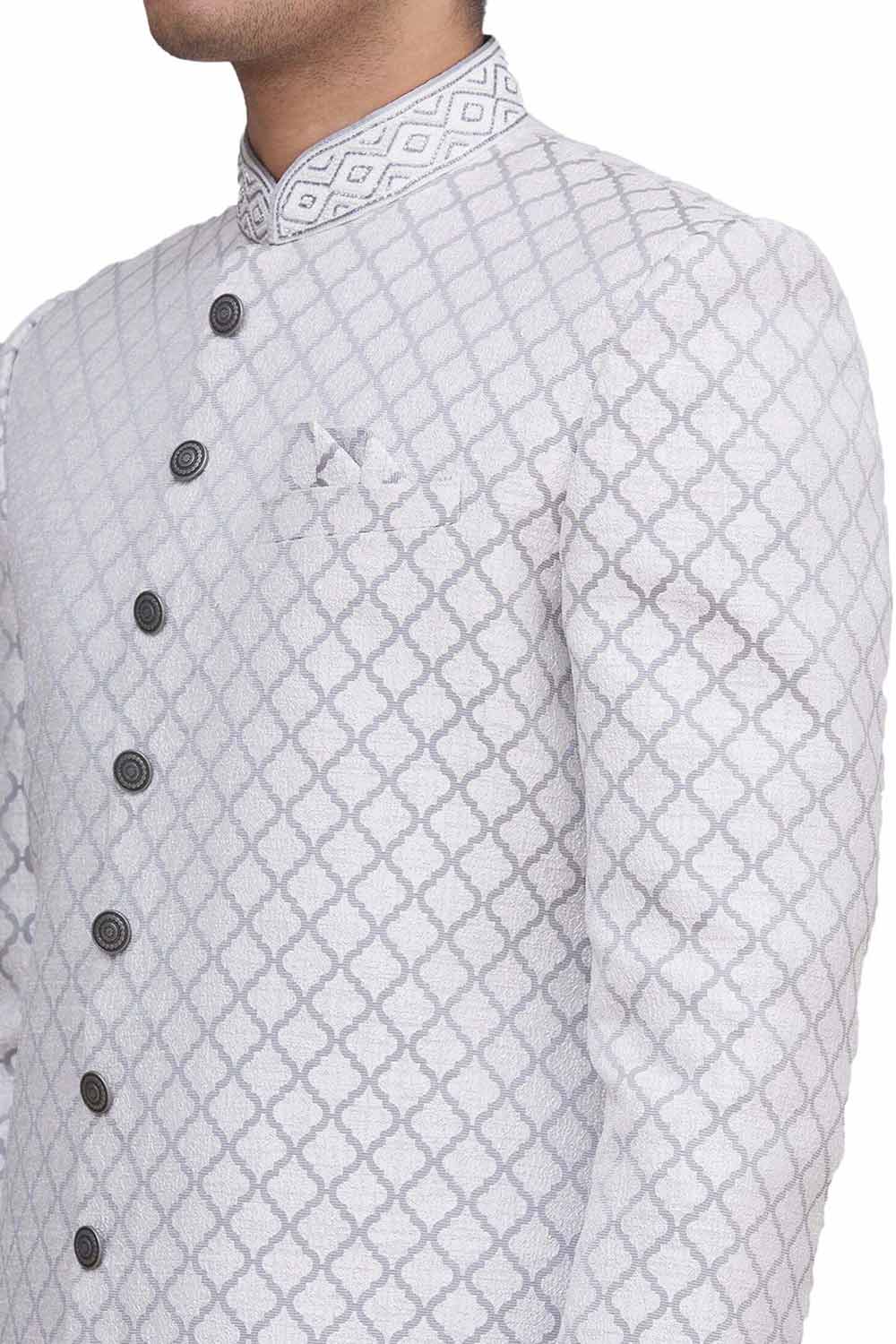 Men's Fawn Silk Brocade Embroidered Full Sleeve Sherwani Set