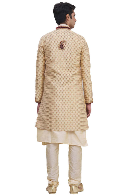Men's Cream Brocade Silk Embroidered Full Sleeve Sherwani Set