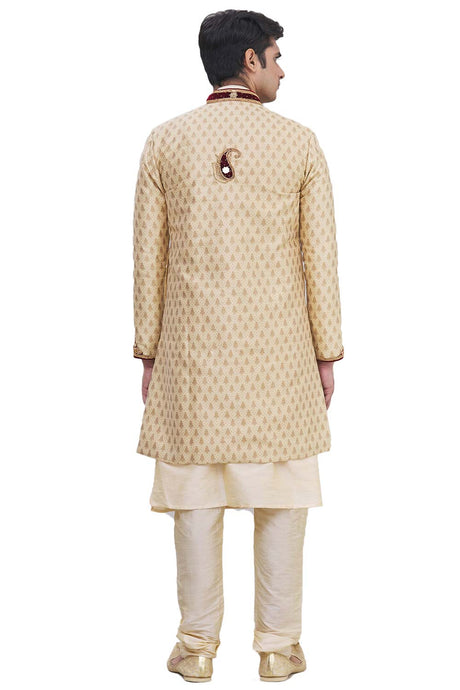 Men's Fawn Silk Brocade Embroidered Full Sleeve Sherwani Set