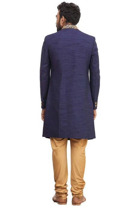 Men's Blue Suiting Embroidered Full Sleeve Sherwani Set