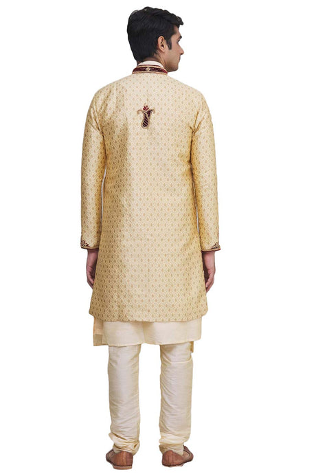 Men's Cream Silk Brocade Embroidered Full Sleeve Sherwani Set