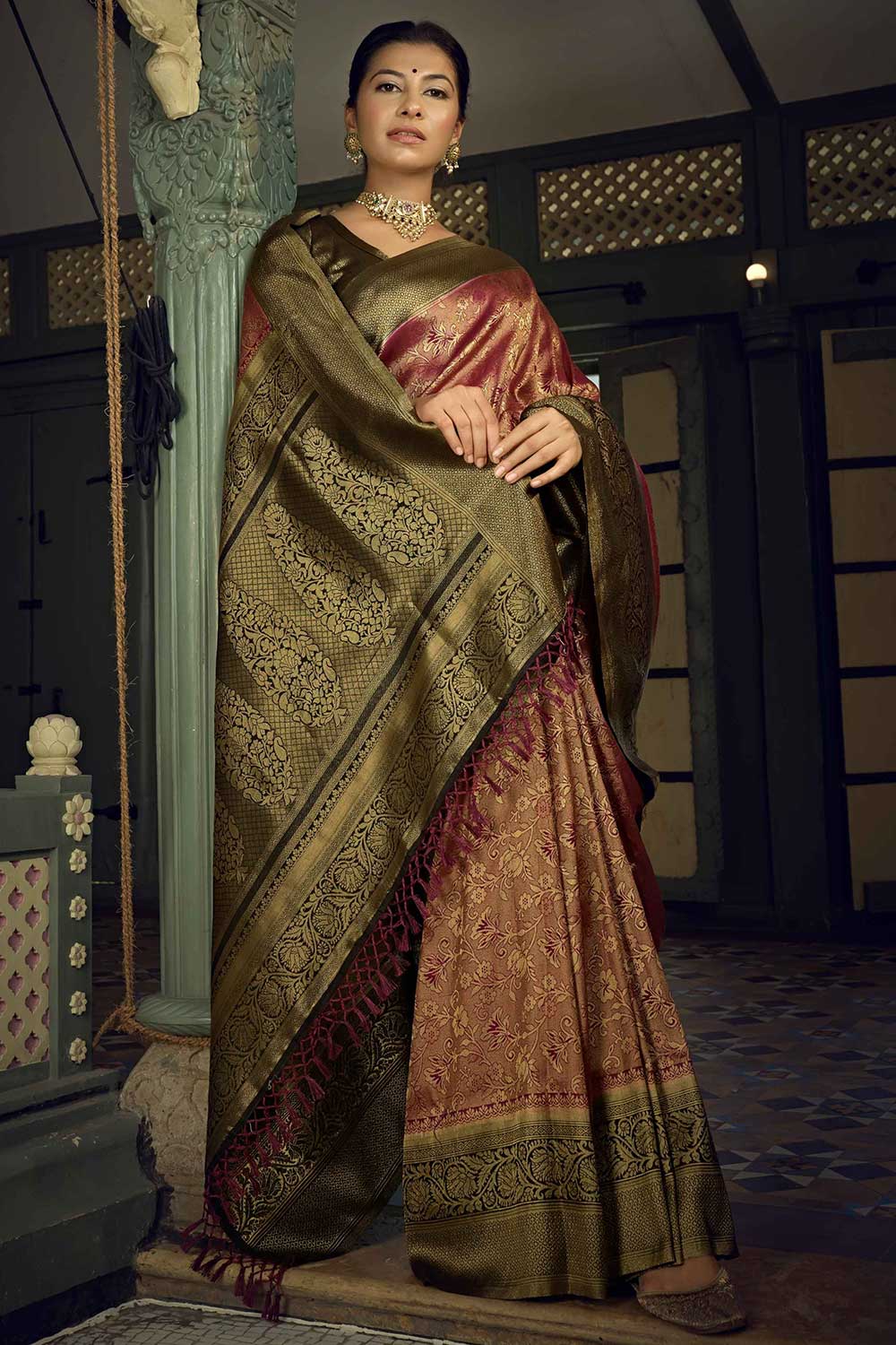 Wine Art Silk Woven Saree