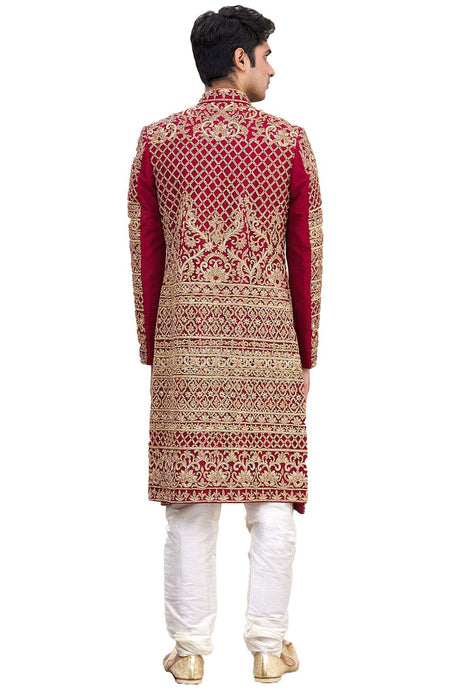 Men's Maroon Silk Embroidered Full Sleeve Sherwani Set