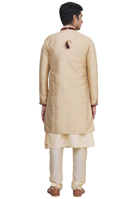 Men's Fawn Silk Embroidered Full Sleeve Sherwani Set