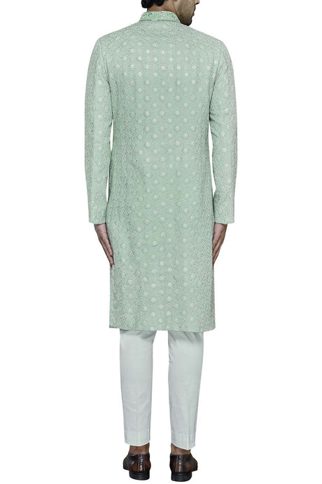 Men's Green Silk Embroidered Full Sleeve Sherwani Set