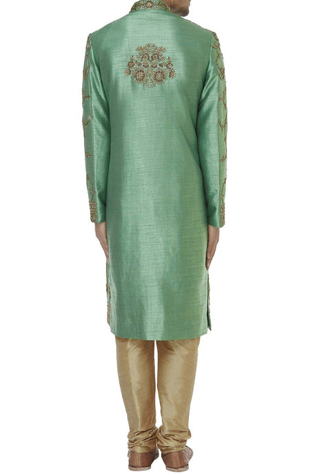 Men's Green Silk Embroidered Full Sleeve Sherwani Set