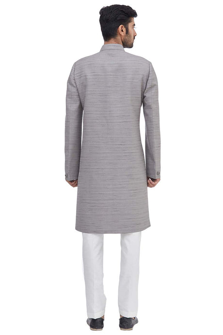 Men's Grey Suiting Embroidered Full Sleeve Sherwani Set