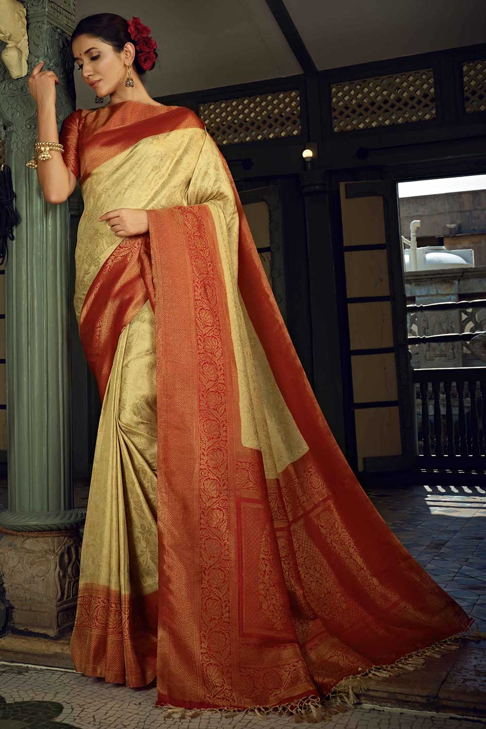 Beige Art Silk Woven Saree