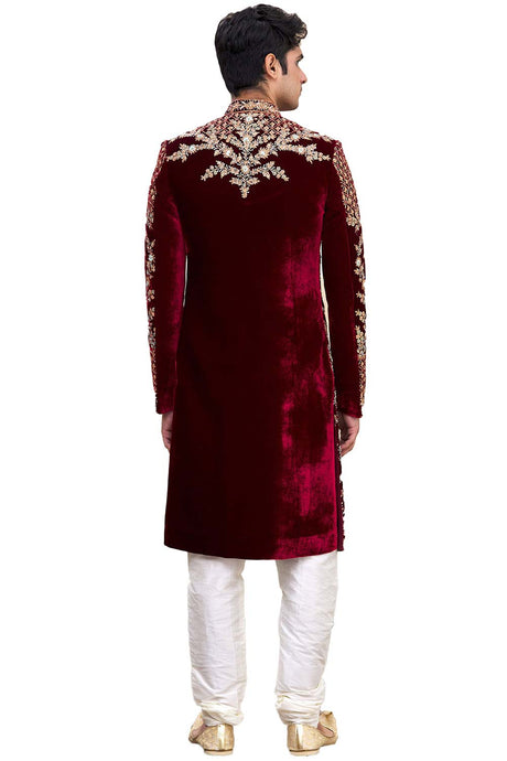 Men's Maroon Velvet Embroidered Full Sleeve Sherwani Set