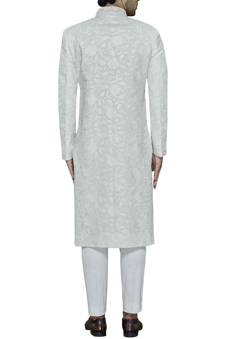 Men's Cream Silk Embroidered Full Sleeve Sherwani Set