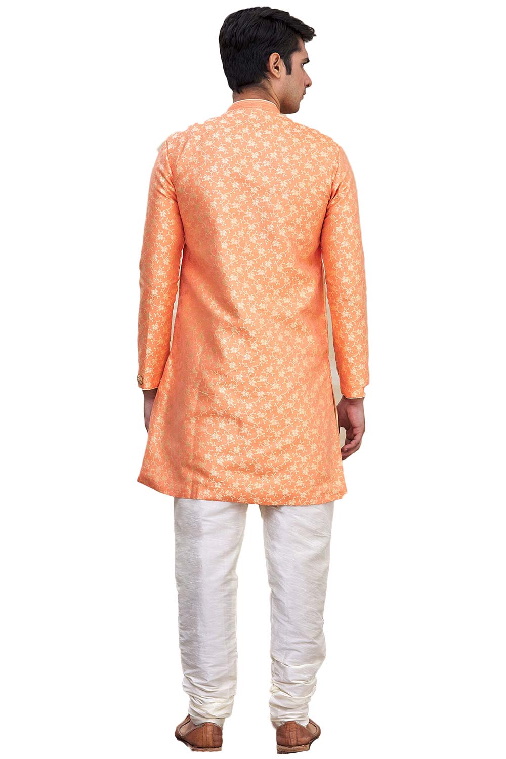 Men's Orange Brocade Silk Embroidered Full Sleeve Sherwani Set