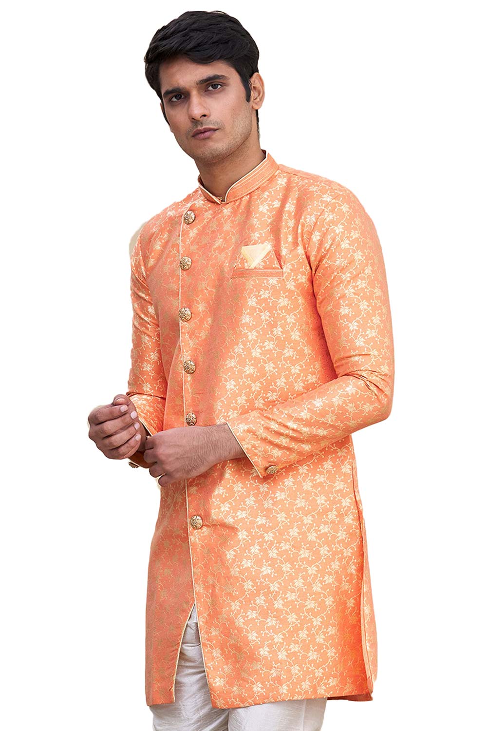Men's Orange Brocade Silk Embroidered Full Sleeve Sherwani Set