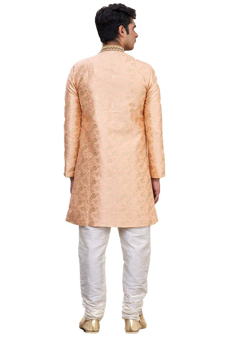 Men's Peach Brocade Silk Embroidered Full Sleeve Sherwani Set