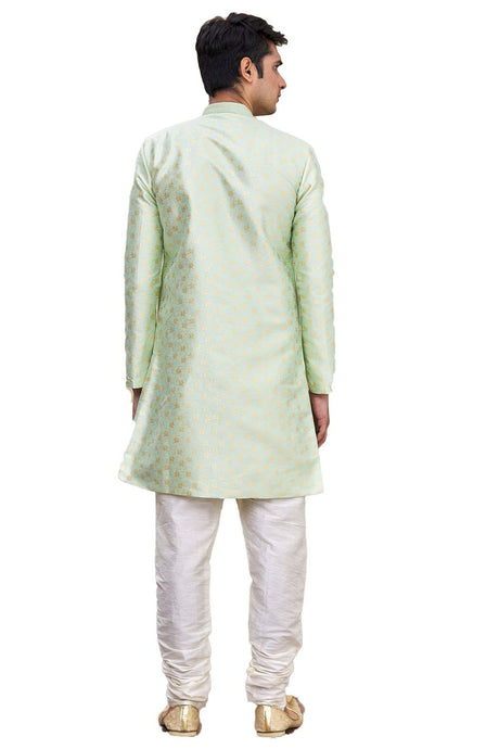 Men's Pista Green Brocadesilk Embroidered Full Sleeve Sherwani Set