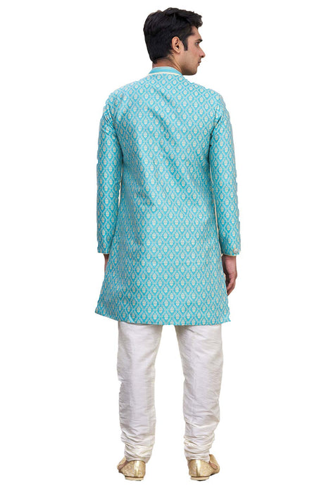Men's Turquoise Brocade Silk Embroidered Full Sleeve Sherwani Set