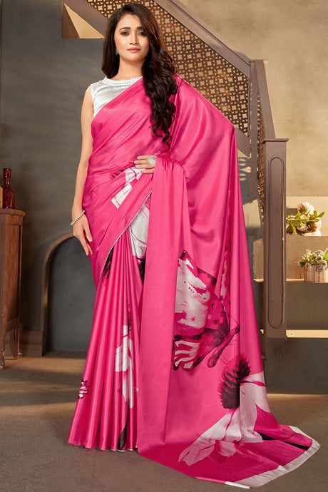 Buy Satin Floral Printed Saree in Pink Online