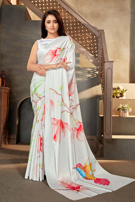 Buy Satin Floral Printed Saree in Off White Online