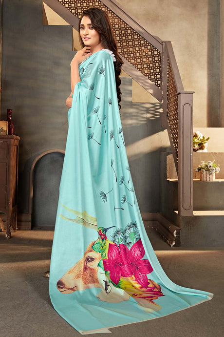 Buy Satin Floral Printed Saree in Sky Blue - Back