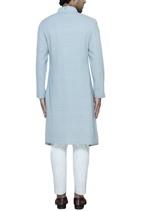 Men's Sky Blue Suiting Embroidered Full Sleeve Sherwani Set