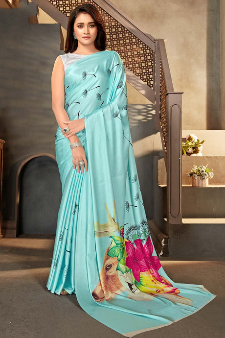 Buy Satin Floral Printed Saree in Sky Blue Online