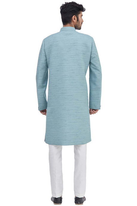 Men's Teal Blue Suiting Embroidered Full Sleeve Sherwani Set