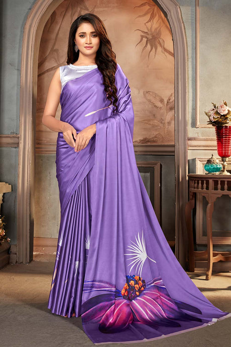 Buy Satin Floral Printed Saree in Lavender Online