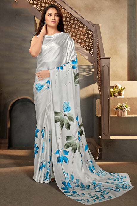 Buy Satin Floral Printed Saree in White Online
