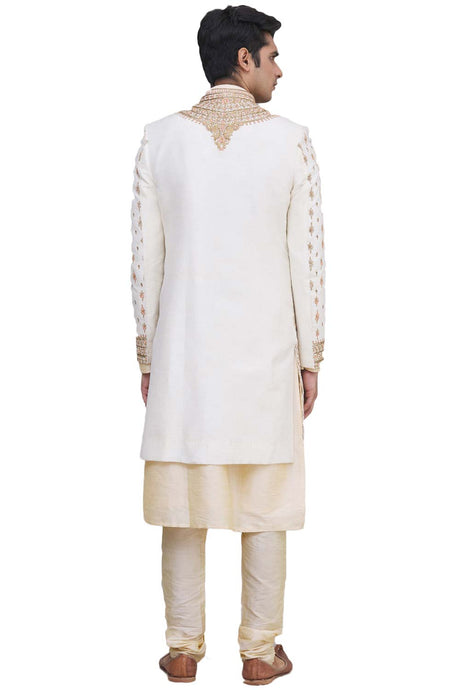 Men's Cream Silk Embroidered Full Sleeve Sherwani Set