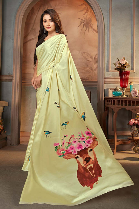 Buy Satin Floral Printed Saree in Light Olive - Back