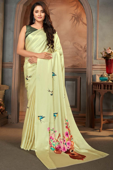 Buy Satin Floral Printed Saree in Light Olive Online