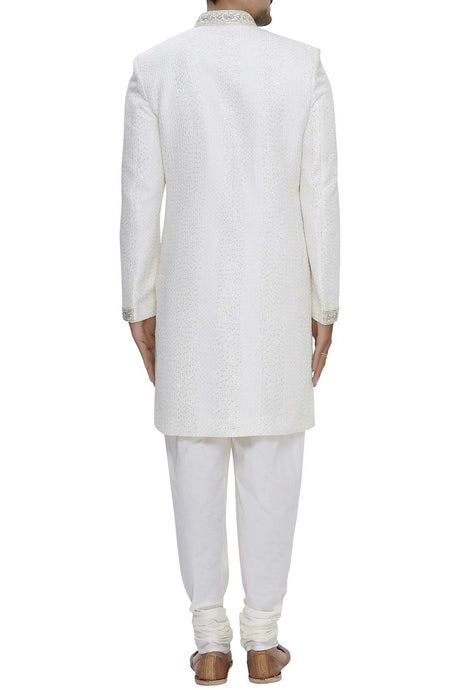 Men's Cream Silk Embroidered Full Sleeve Sherwani Set