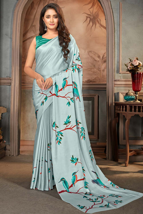 Buy Satin Floral Printed Saree in Light Grey Online
