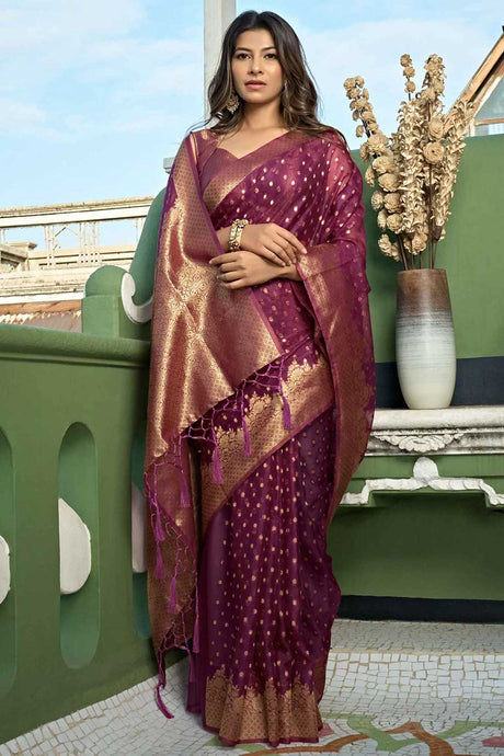 Wine Organza Zari Saree