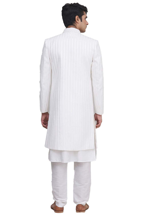 Men's Cream Silk Embroidered Full Sleeve Sherwani Set