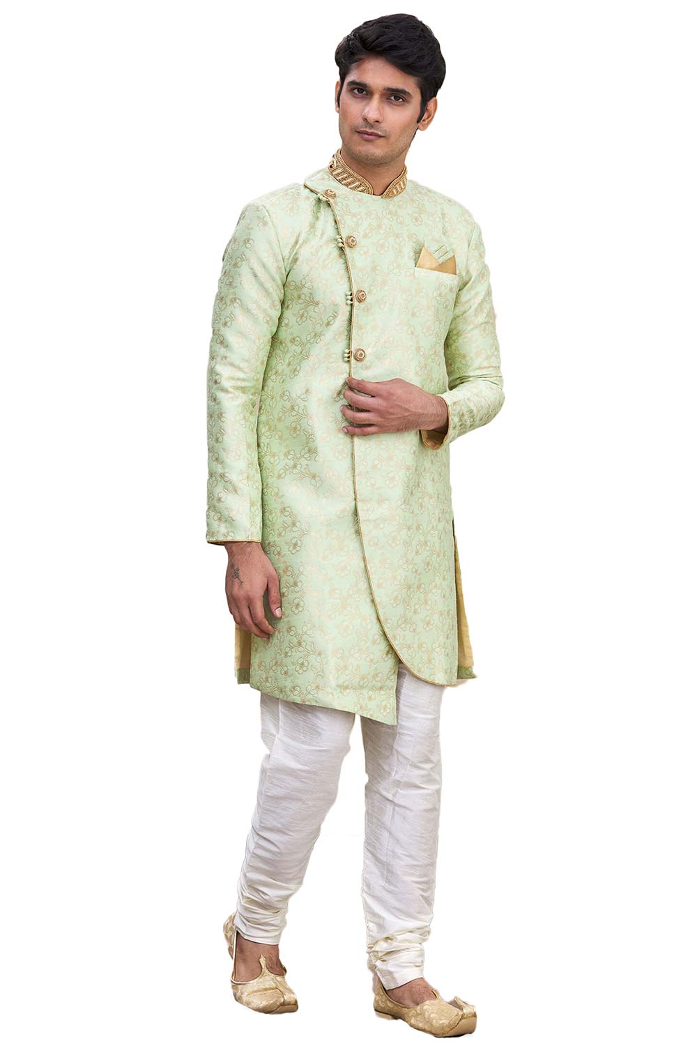 Men's Pista Green Brocadesilk Embroidered Full Sleeve Sherwani Set
