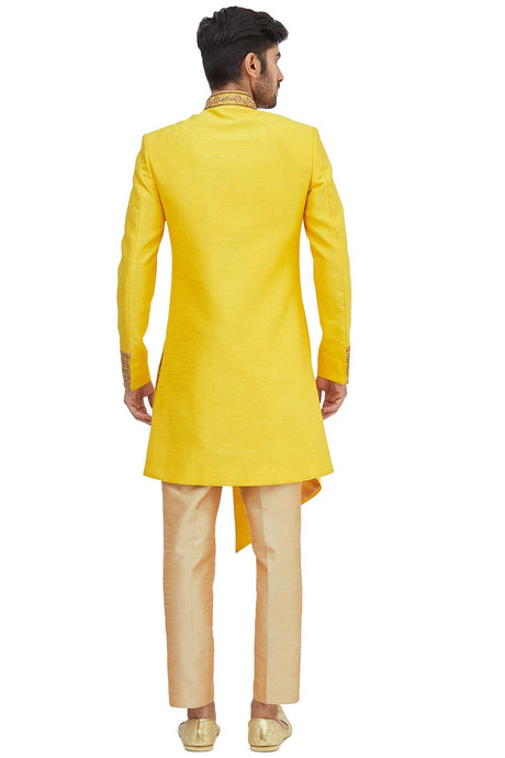 Men's Yellow Silk Embroidered Full Sleeve Sherwani Set