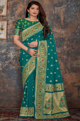 Buy Banarasi Art Silk Zari Woven Saree in Teal Online