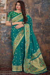 Buy Banarasi Art Silk Zari Woven Saree in Teal - Back