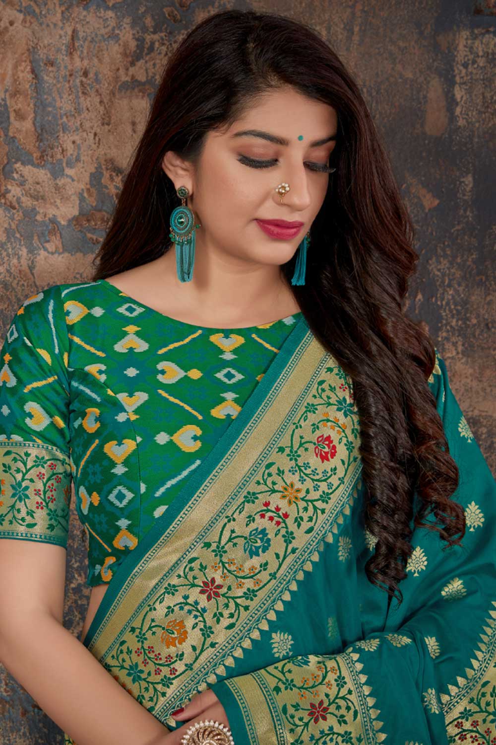 Buy Banarasi Art Silk Zari Woven Saree in Teal - Front