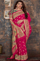 Buy Banarasi Art Silk Zari Woven Saree in Magenta - Back